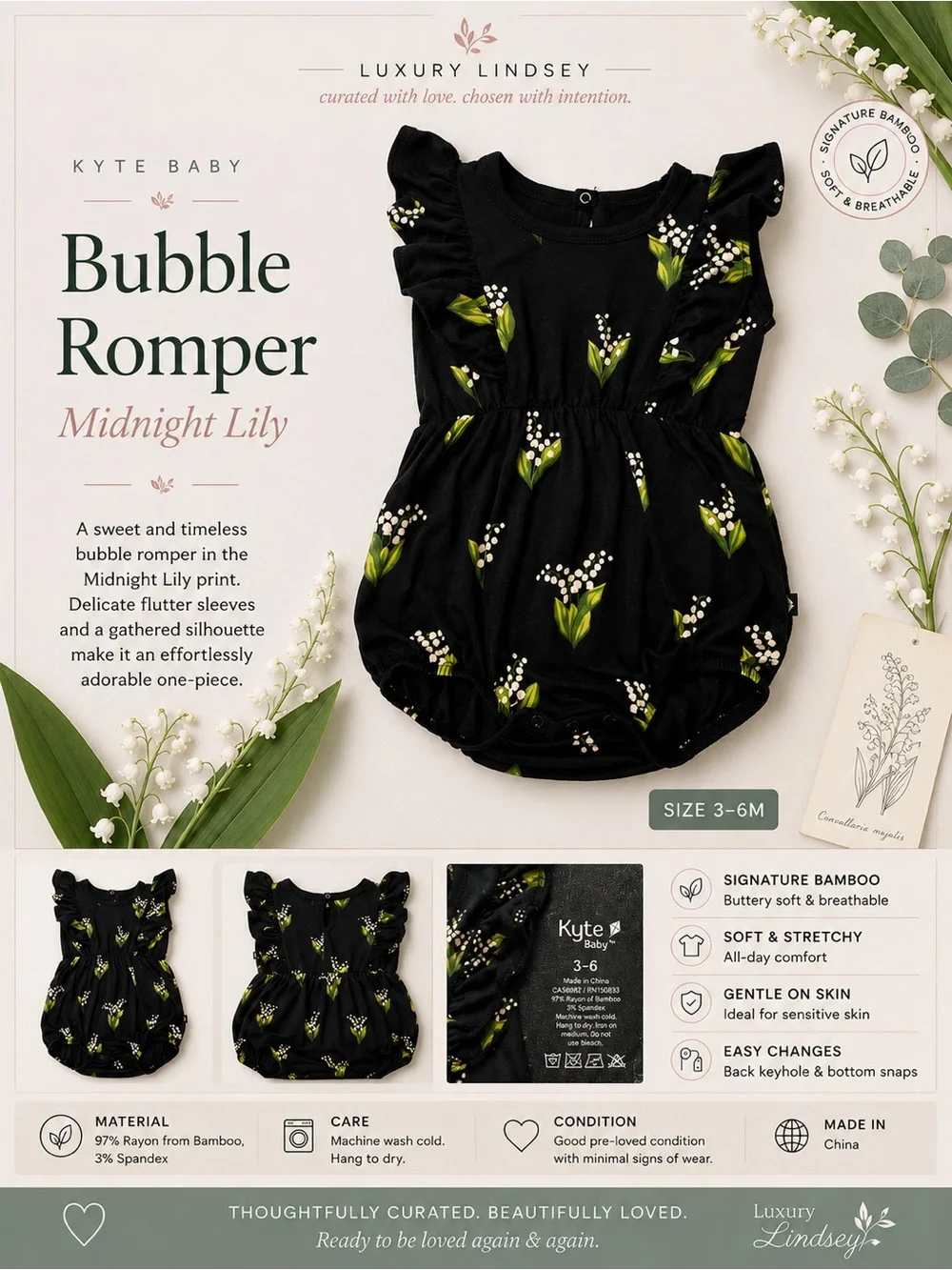 Kyte Baby Bubble Romper in Midnight Lily • Size 3–6 Months